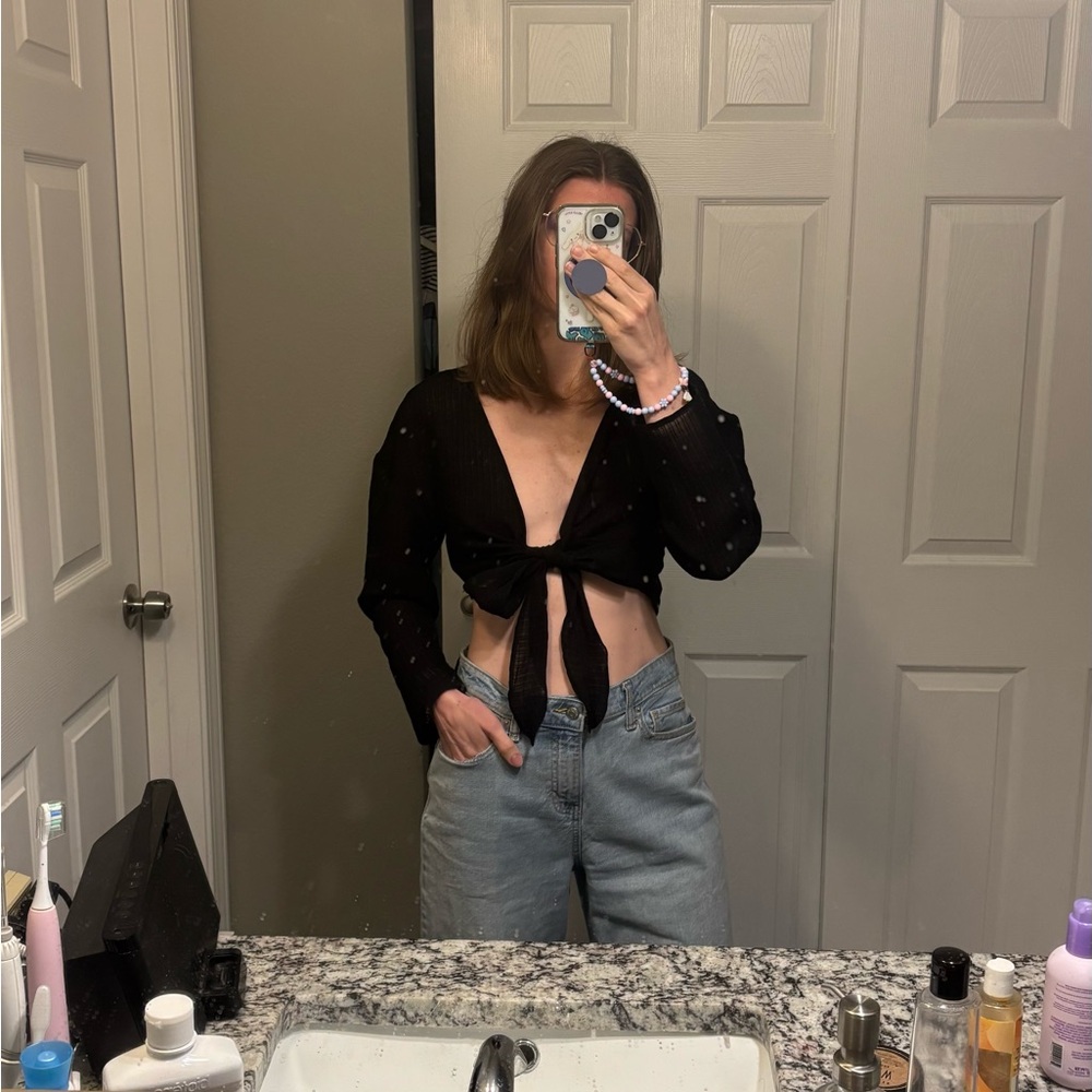 Black Tie-Front Long-Sleeve Top